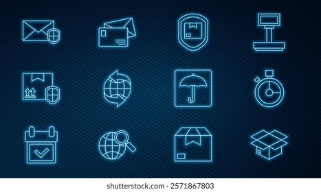 Set line Carton cardboard box, Fast time delivery, Delivery pack security with shield, Worldwide, Envelope, Umbrella and  icon. Vector