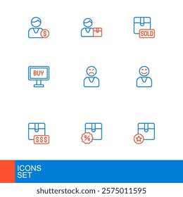 Set line Carton cardboard box, Cardboard with discount, Item price tag dollar, Happy customer, Buy button, Angry, Sold and Buyer icon. Vector