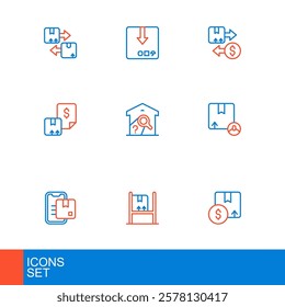 Set line Carton cardboard box, Warehouse interior with boxes, Document tracking marker, Waybill, check, Tax and  icon. Vector