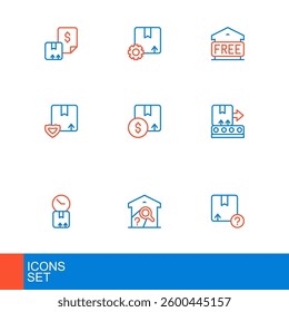 Set line Carton cardboard box, Warehouse check, Cardboard with clock, Conveyor belt, Delivery security shield, Free storage and Gear package icon. Vector