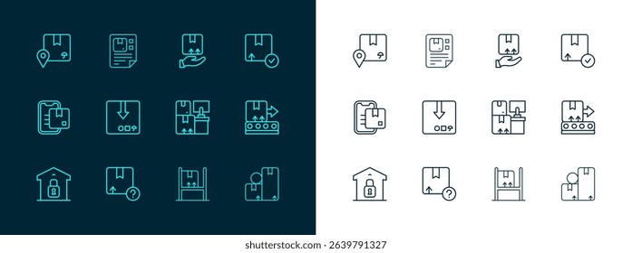 Set line Carton cardboard box, Warehouse with boxes, interior, Delivery hand, Location and Waybill icon. Vector