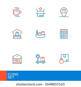 Set line Carton cardboard box, Scale with, Free storage, Calculator, Full warehouse, Cargo ship boxes delivery, Location and  icon. Vector