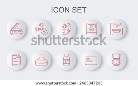 Set line Carton cardboard box, File document, Printer ink cartridge, Business, Scanner, Scissors, Ink bottle and  icon. Vector