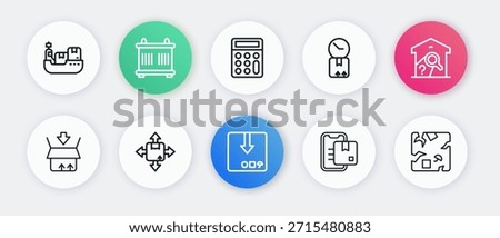 Set line Carton cardboard box, Warehouse check, Document tracking marker, Cardboard with clock, Calculator, Broken and  icon. Vector