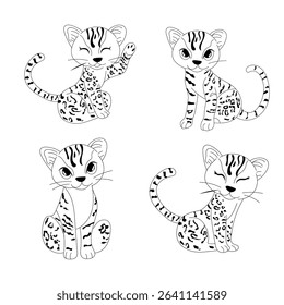 Set line cartoon ocelot isolated, predator zoo clipart vector flat, vintage creative page coloring book for kids