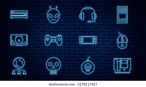 Set line Cartridge, Computer mouse gaming, Headphones, Gamepad, Video game console, Portable video and Alien icon. Vector