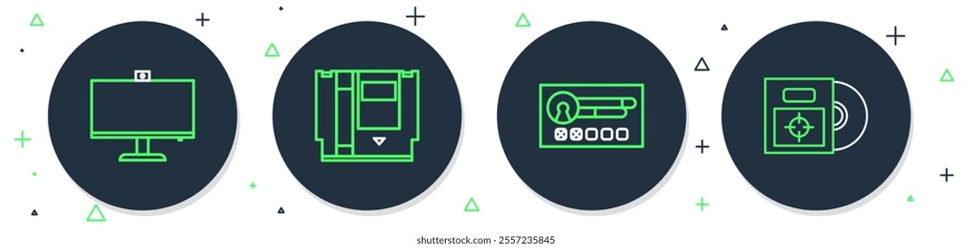 Set line Cartridge, Create account screen, Computer monitor and CD DVD disk in box icon. Vector