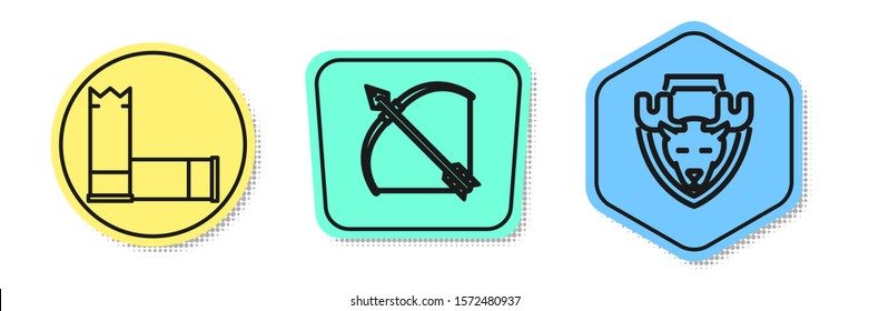 Set line Cartridges, Bow and arrow in quiver and Moose head on shield. Colored shapes. Vector