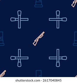 Set line Cartridges, Burning match with fire and Hunting gun on seamless pattern. Vector
