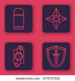 Set line Cartridges, dynamite stick and timer clock, Japanese ninja shuriken and Medieval shield with sword. Blue square button. Vector