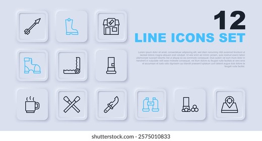 Set line Cartridges, Hunt place, Trap hunting, Binoculars, Hunter boots, Burning match with fire, Waterproof rubber and knife icon. Vector