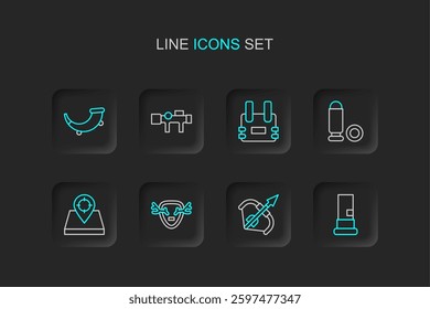 Set line Cartridges, Medieval bow and arrow, Deer antlers on shield, Hunt place, Bullet, Bulletproof vest, Sniper optical sight and Hunting horn icon. Vector