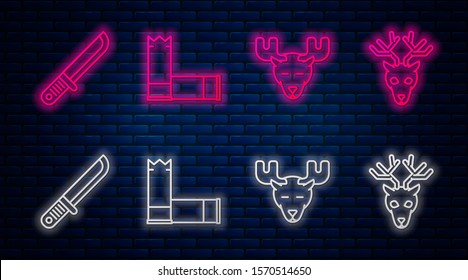 Set line Cartridges, Moose head with horns, Hunter knife and Deer head with antlers. Glowing neon icon on brick wall. Vector