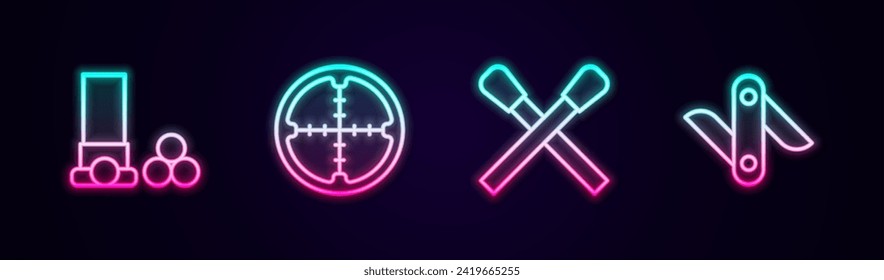 Fijar la línea Cartuchos, la vista óptica del francotirador, el juego de quemado con fuego y el cuchillo del ejército suizo. Icono de neón brillante. Vector
