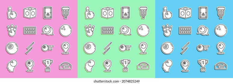 Set line Case for billiard cue, Location with bowling ball, Bowling, Billiard table, balls stand, pin,  and  icon. Vector