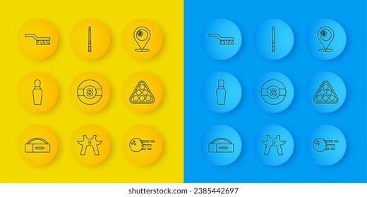 Set line Case for billiard cue, Bowling pin, Billiard ball, balls rack triangle, Pool table brush, Location with and  icon. Vector