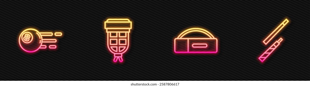Set line Case for billiard cue, Billiard ball, pocket and . Glowing neon icon. Vector
