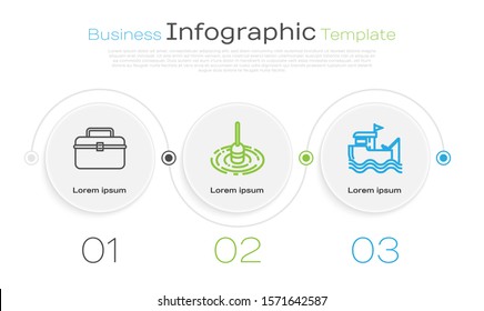 Set line Case or box container for wobbler and gear fishing equipment, Fishing float in water and Fishing boat with fishing rod on water. Business infographic template. Vector