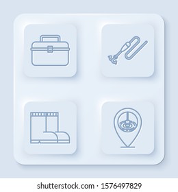 Set line Case or box container for wobbler and gear fishing equipment, Fishing line with hook and float, Fishing boots and Location fishing. White square button. Vector