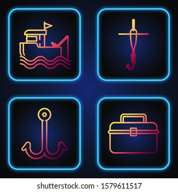 Set line Case or box container for wobbler and gear fishing equipment, Fishing hook, boat with fishing rod on water and Fishing hook and float. Gradient color icons. Vector