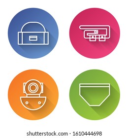 Set line Case or box container for wobbler, Diving belt, Aqualung and Swimming trunks. Color circle button. Vector