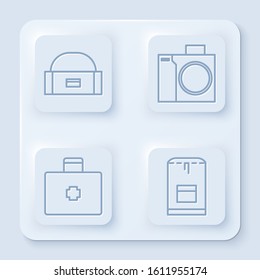 Set line Case or box container for wobbler, Photo camera for diver, First aid kit and Backpack. White square button. Vector