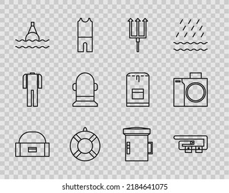 Set line Case or box container for wobbler, Diving belt, Neptune Trident, Lifebuoy, Floating the sea, Buoy, Big flashlight diver and Photo camera icon. Vector