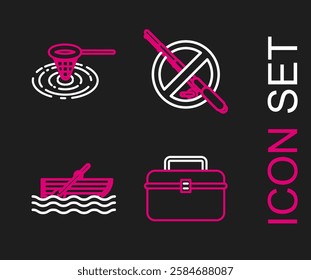 Set line Case or box container for wobbler and gear fishing equipment, Fishing boat with oars water, No and net icon. Vector