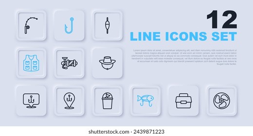 Set line Case or box for fishing, Outboard boat motor, Spinning reel, Fishing lure, jacket, hook,  and bucket with icon. Vector