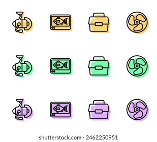 Set line Case or box for fishing, Spinning reel, Fish finder echo sounder and Outboard boat motor icon. Vector