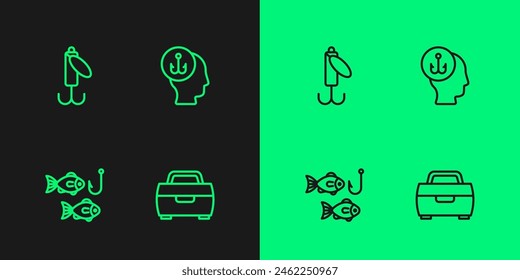 Set line Case or box for fishing equipment, Fishing hook with, lure and Fisherman icon. Vector