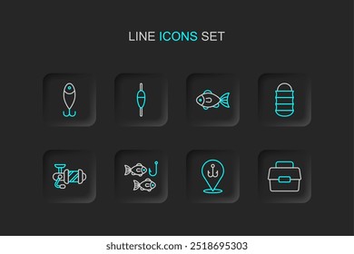 Set line Case or box for fishing, Fishing hook, with, Spinning reel, net, float and lure icon. Vector