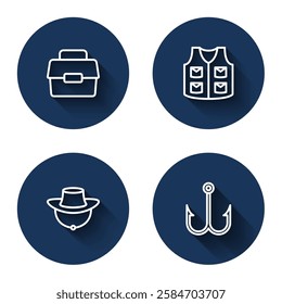 Set line Case or box for fishing, Fishing jacket, Fisherman hat and hook with long shadow. Blue circle button. Vector