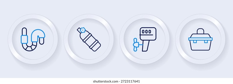 Set line Case or box for fishing equipment, Outboard boat motor, Aqualung and Worm icon. Vector
