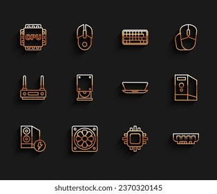 Set line Case of computer, Computer cooler, Processor with CPU, RAM, random access memory, Optical disc drive,  and Laptop icon. Vector