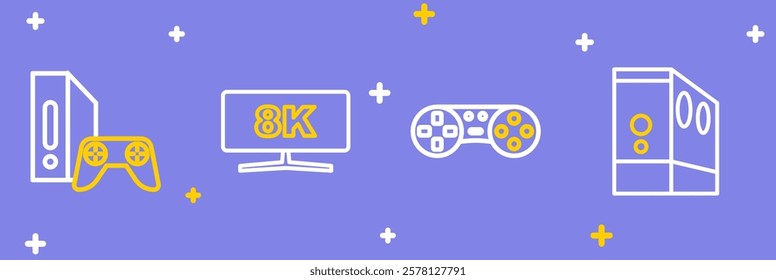 Set line Case of computer, Game controller or joystick, Computer monitor and console with icon. Vector