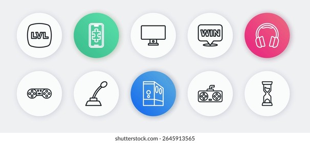 Set line Case of computer, Headphones, Game controller or joystick, Medal, Computer monitor, Old hourglass and Microphone icon. Vector