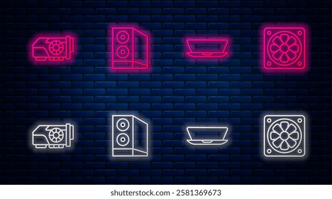 Set line Case of computer, Laptop, Video graphic card and Computer cooler. Glowing neon icon on brick wall. Vector