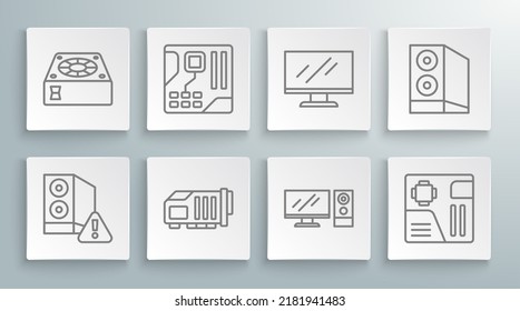Set line Case of computer, Motherboard digital chip, Video graphic card, Computer monitor, screen,  and cooler icon. Vector
