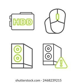 Set line Case of computer, Computer mouse and Hard disk drive HDD icon. Vector