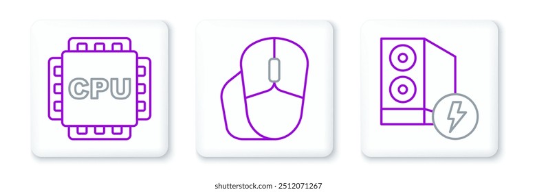 Definir a linha Caso do computador, Processador com CPU e ícone do mouse do Computador. Vetor