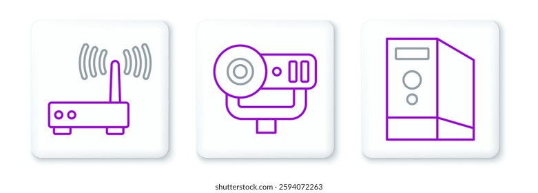 Set line Case of computer, Router and wi-fi signal and Web camera icon. Vector