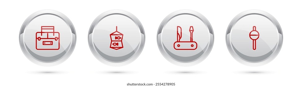 Set line Case container for wobbler, Fishing net with fish, Swiss army knife and float. Silver circle button. Vector