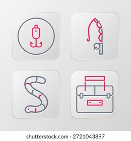 Set line Case container for wobbler, Worm, Fishing rod and hook icon. Vector
