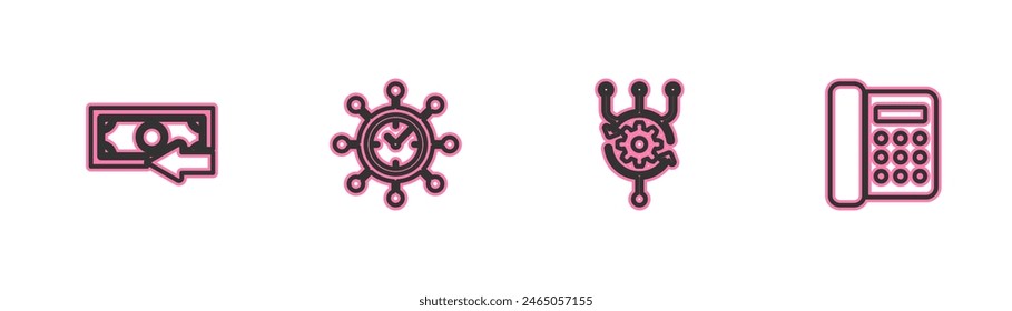 Set line Cash back, Algorithm, Clock and gear and Telephone icon. Vector