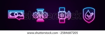 Set line Cash back, Hourglass and gear, Contactless payment and Waterproof. Glowing neon icon. Vector