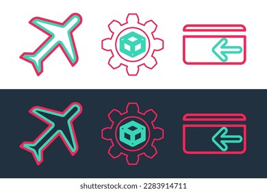 Icono de desarrollo de línea de devolución de efectivo, avión y producto. Vector