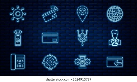 Set line Cash back, Scientist and test tube, Location with star, Credit card, Contactless payment, Copywriting network, Algorithm and  icon. Vector