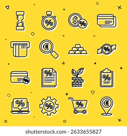 Set line Cash location, Finance document, Discount percent tag, Money coin with, Magnifying glass and euro, Credit card, Old hourglass and Gold bars icon. Vector
