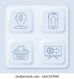 Set line Cash location pin, Smartphone, mobile phone, Shopping basket and Monitor with dollar. White square button. Vector